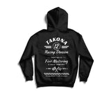 Takona Classic Racing Division hoodie in black, back view with No. 12 motorsport print reading Purveyors of Fine Motoring & Good Company