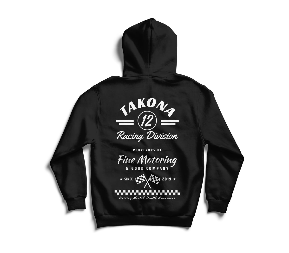 Takona Classic Racing Division hoodie in black, back view with No. 12 motorsport print reading Purveyors of Fine Motoring & Good Company
