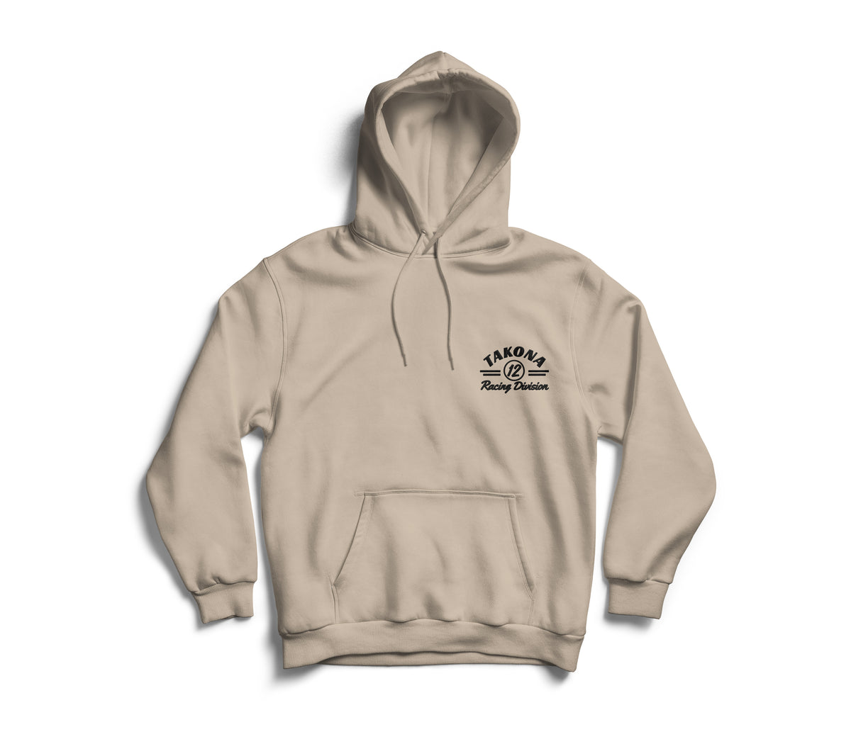 Takona Classic Racing Division hoodie in Desert Dust, front view with embroidery