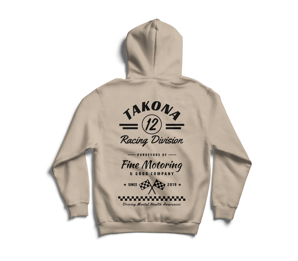 Takona Classic Racing Division hoodie in Desert Dust, back view with No. 12 motorsport print