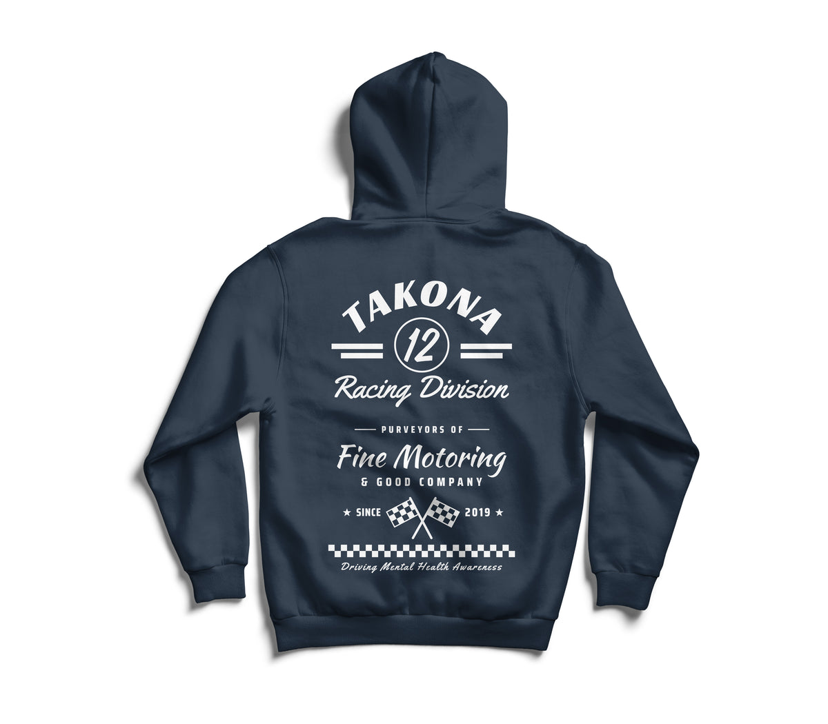 Takona Classic Racing Division hoodie in French Navy, back view with No. 12 motorsport print