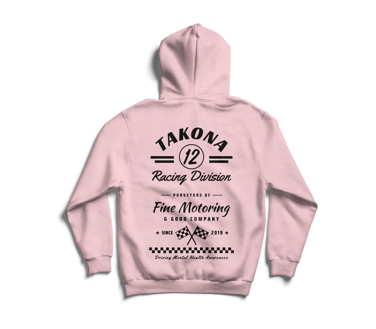 Takona Classic Racing Division hoodie in Cotton Pink, back view with No. 12 motorsport print