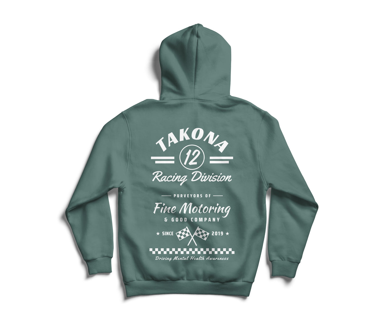 Takona Classic Racing Division hoodie in Green Bay, back view with No. 12 motorsport print