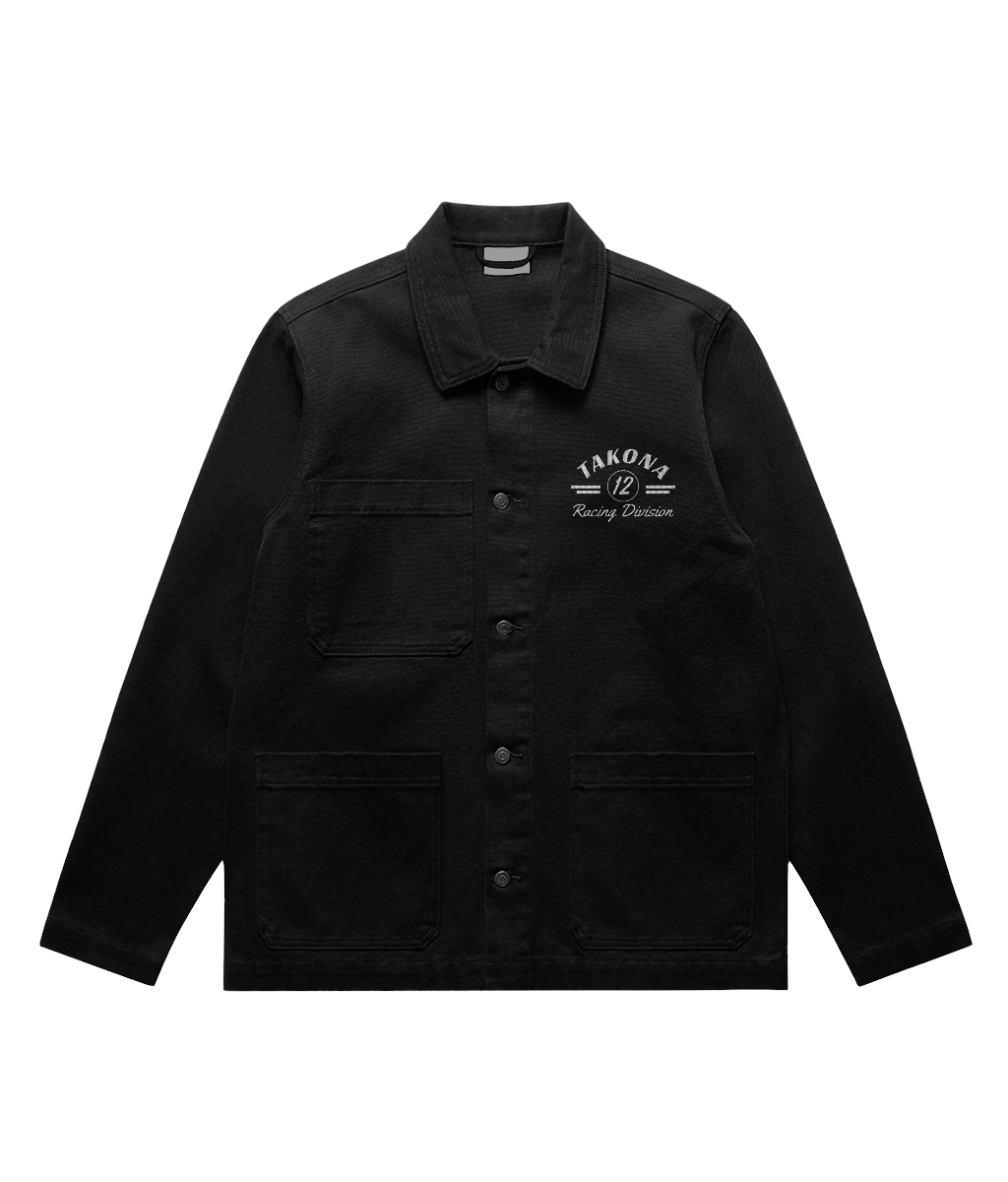Takona Racing Division No. 12 edition black canvas chore jacket, front view with left chest embroidery