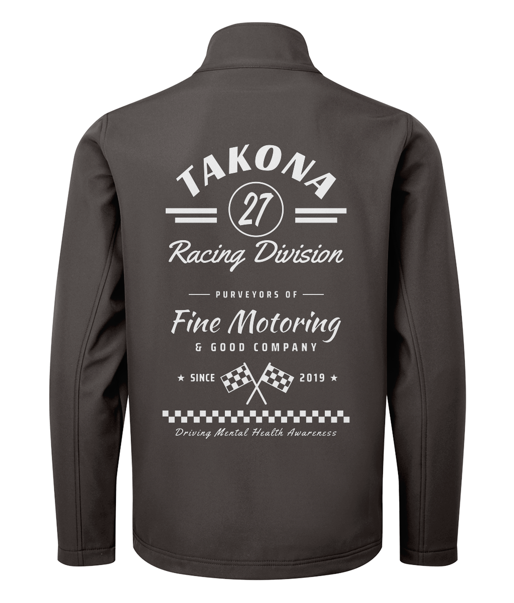 Takona Racing Division No. 27 edition softshell jacket in dark grey, back view with motorsport print