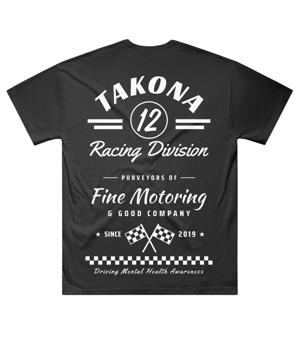Takona Racing Division No. 12 edition box fit tee, back view with motorsport print reading Purveyors of Fine Motoring & Good Company
