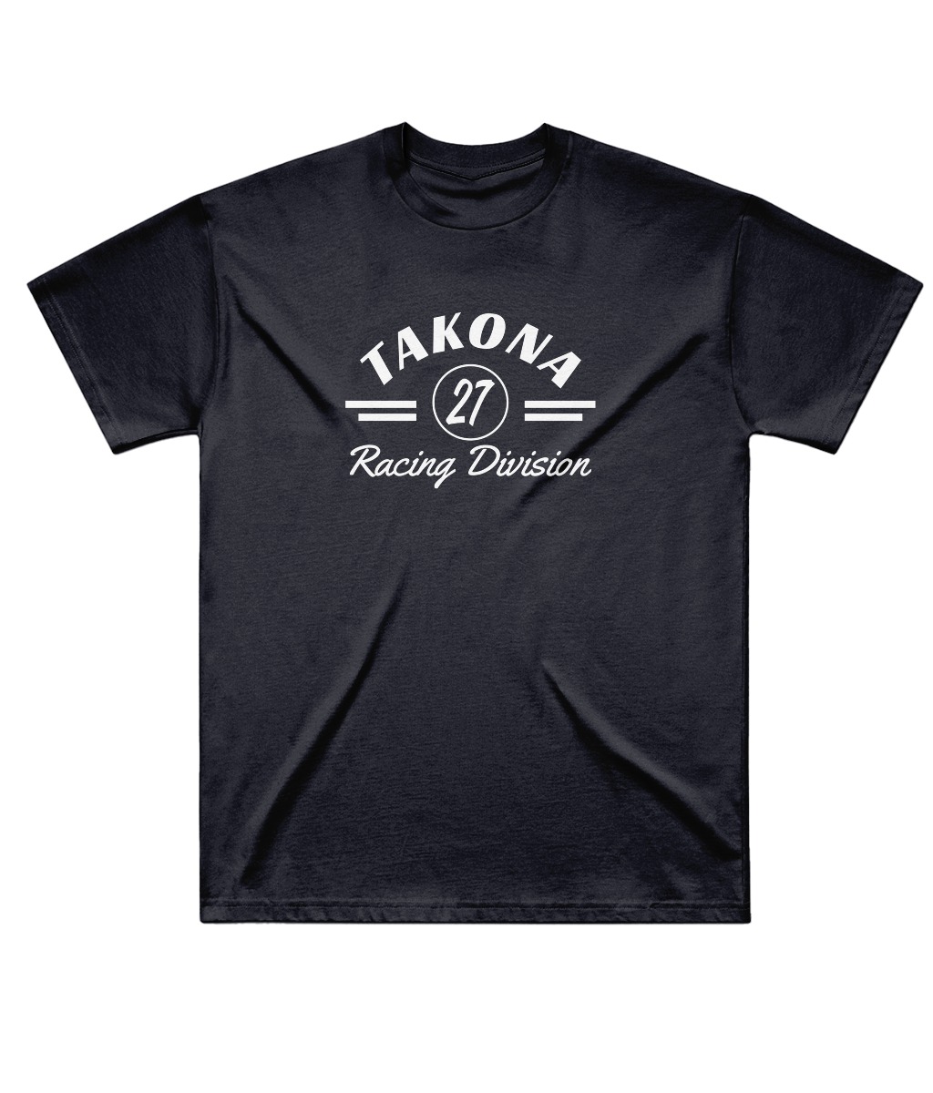 Takona Racing Division No. 27 edition box fit tee in navy, front view