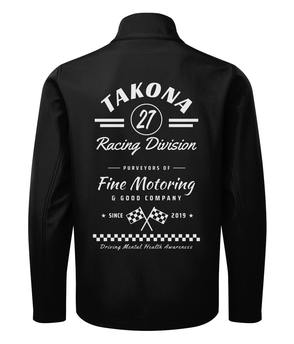 Takona Racing Division No. 27 edition softshell jacket in black, back view with motorsport print reading Purveyors of Fine Motoring & Good Company