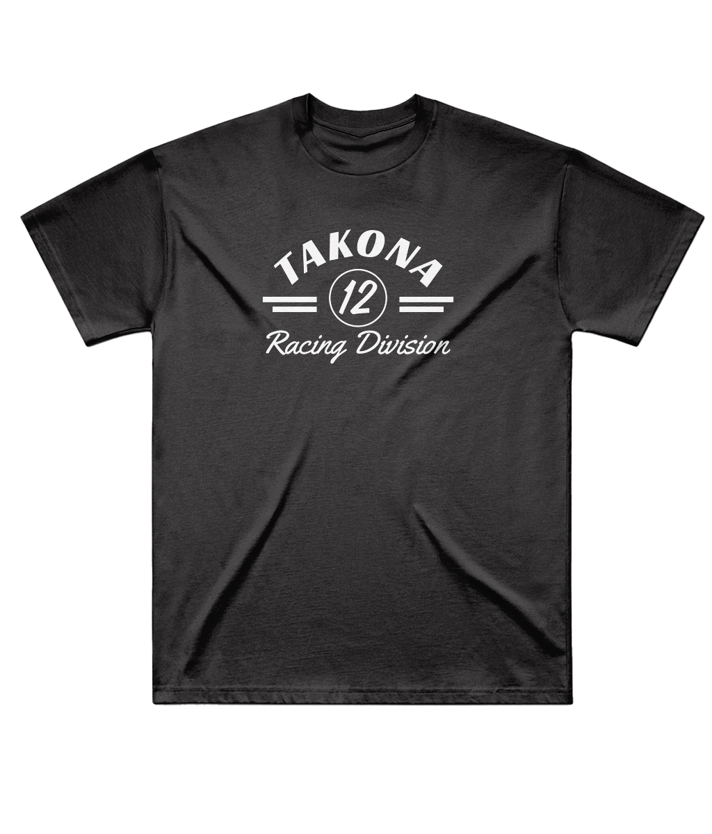 Takona Racing Division No. 12 edition box fit tee in coal, front view