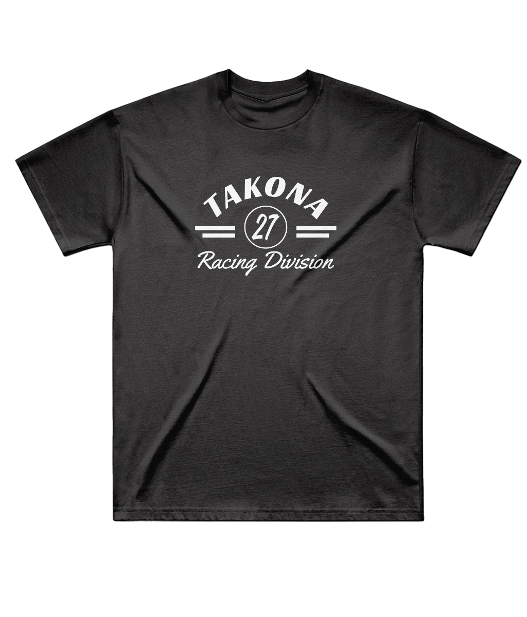 Takona Racing Division No. 27 edition box fit tee in coal, front view