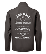 Takona Racing Division No. 12 edition softshell jacket in dark grey, back view with motorsport print