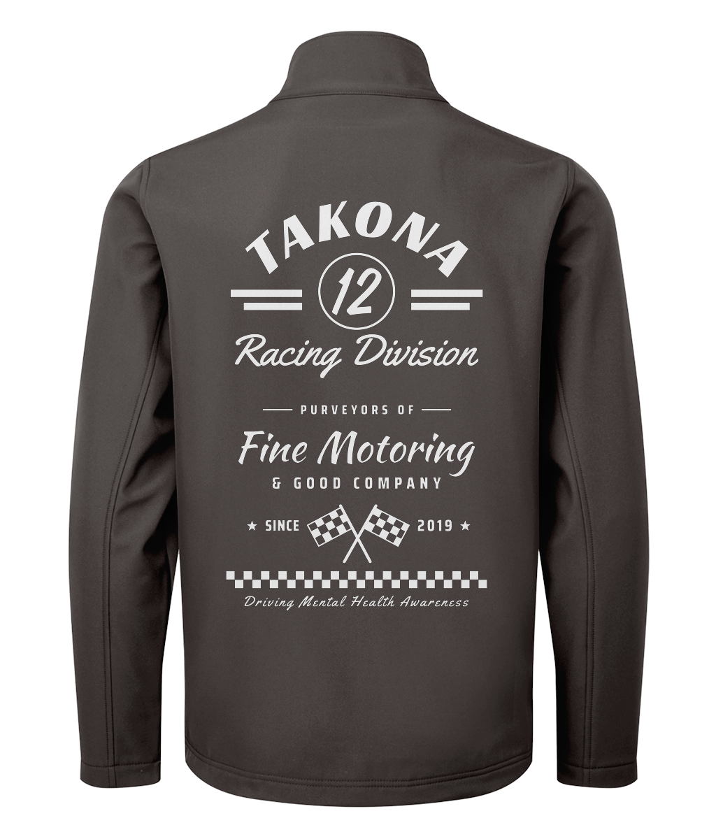 Takona Racing Division No. 12 edition softshell jacket in dark grey, back view with motorsport print