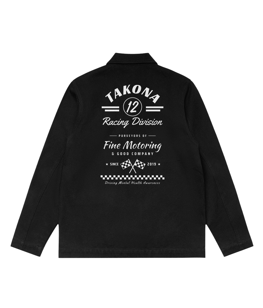Takona Racing Division No. 12 edition black canvas chore jacket, back view with motorsport print reading Purveyors of Fine Motoring & Good Company