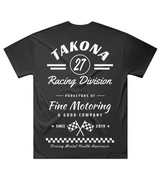 Takona Racing Division No. 27 edition box fit tee, back view with motorsport print reading Purveyors of Fine Motoring & Good Company