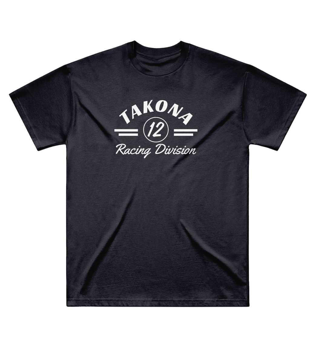 Takona Racing Division No. 12 edition box fit tee in navy, front view
