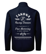 Takona Racing Division No. 27 edition softshell jacket in navy, back view with motorsport print