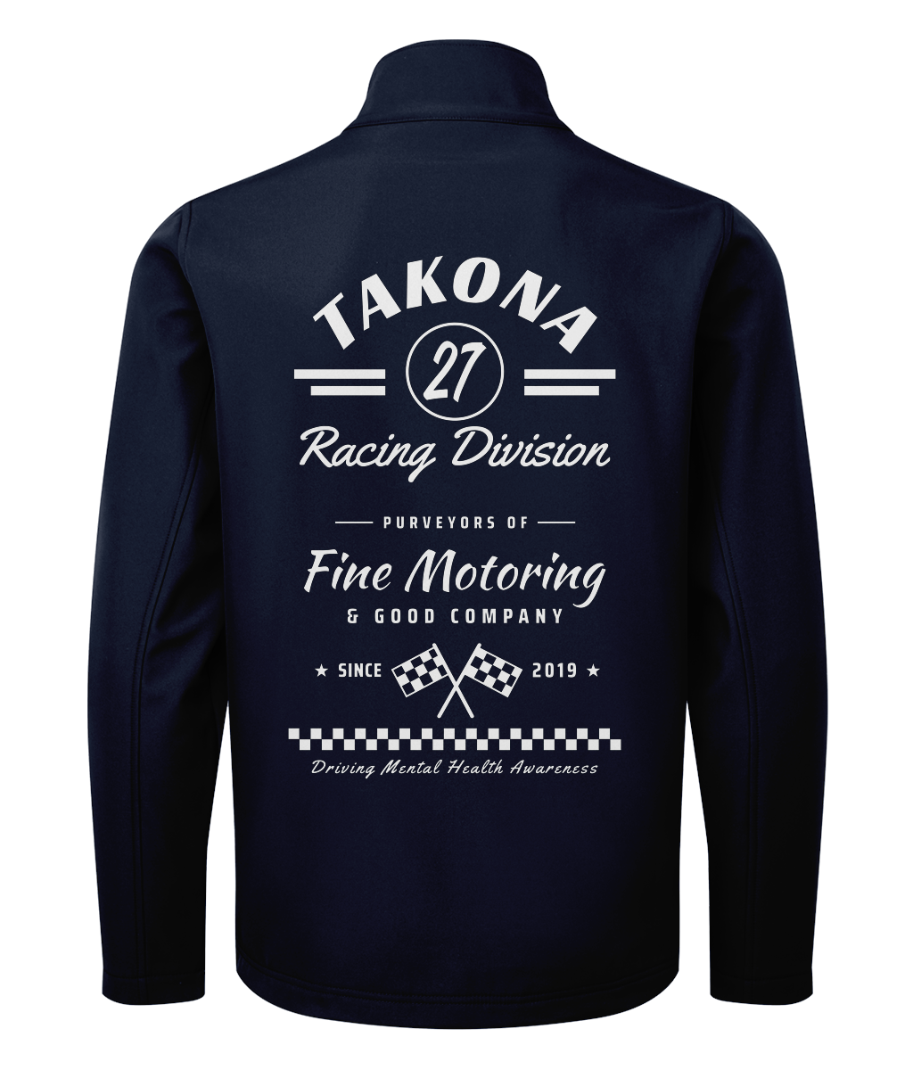 Takona Racing Division No. 27 edition softshell jacket in navy, back view with motorsport print