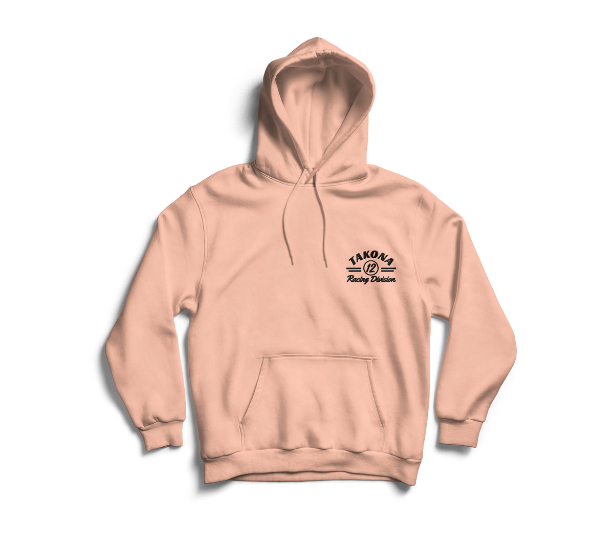 Takona Classic Racing Division hoodie in Fraiche Peche, front view with embroidery