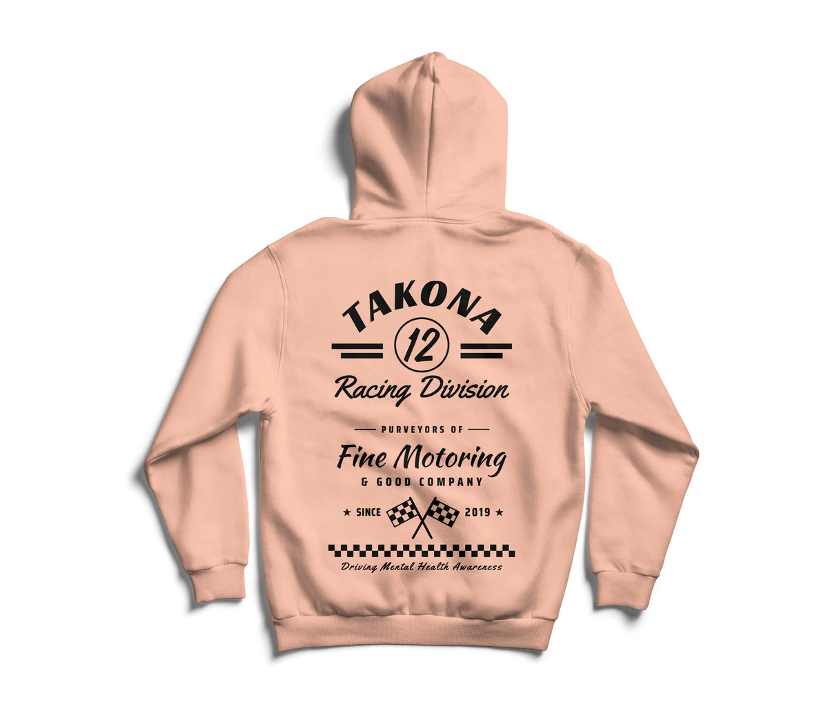 Takona Classic Racing Division hoodie in Fraiche Peche, back view with No. 12 motorsport print